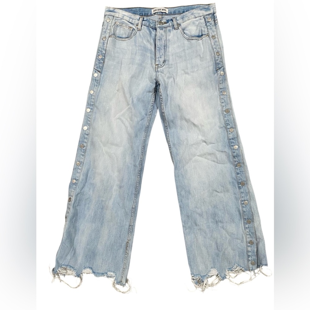 Zee Gee Why‎ Jeans Women’s Wide Leg Baggy Metal Snap Legs Blue Distressed 30